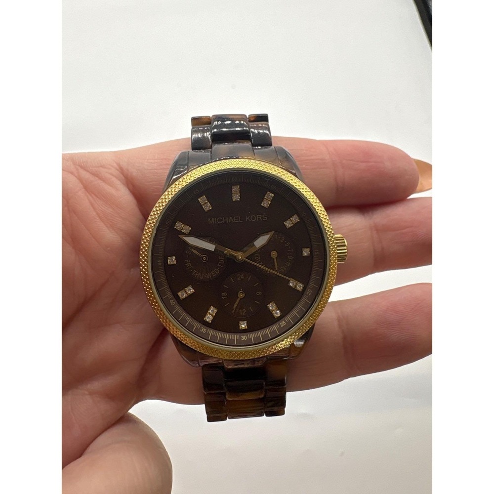 Michael Kors MK5038 Tortoise Shell Gold Ritz Chronograph Womens Watch Crystal